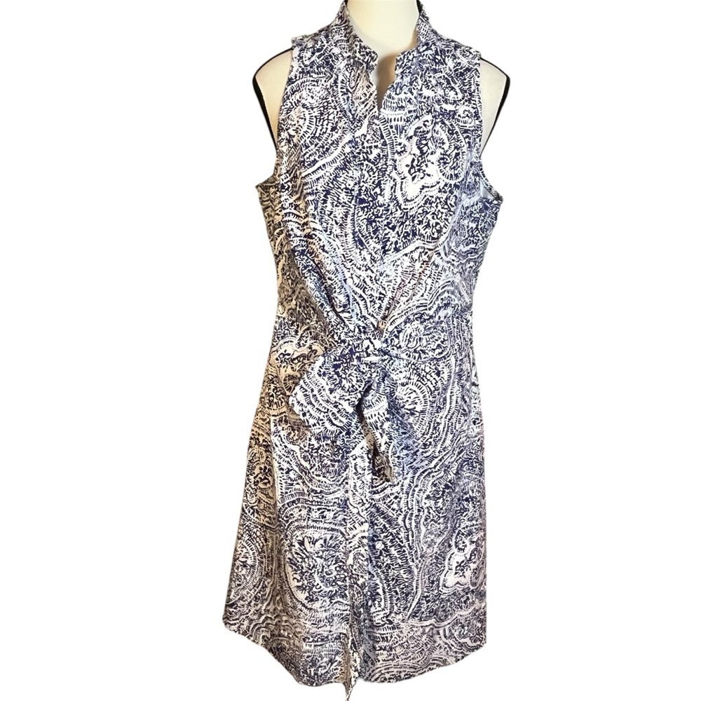 Sara Campbell Paisley Tie Front Shirt Dress Women’s Size L Blue White Preppy USA